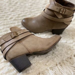 SOLD:Light Beige Faux Leather Buckle Booties